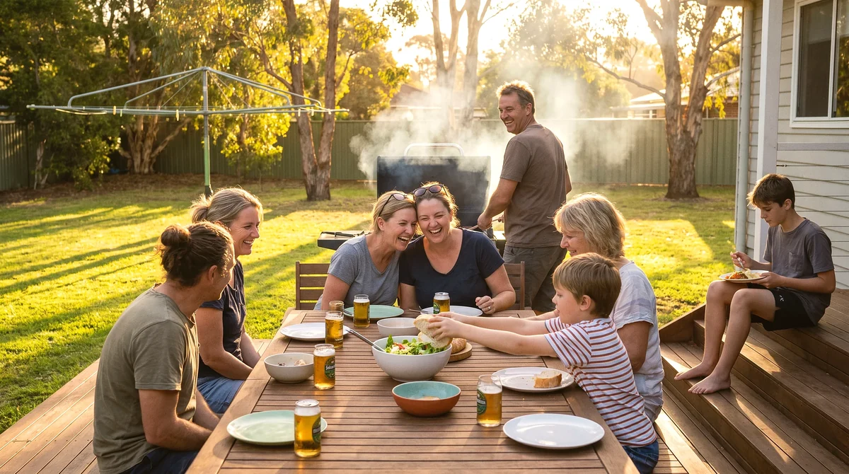 A family and friends around a long table at a backyard barbecue in late afternoon light, laughing.