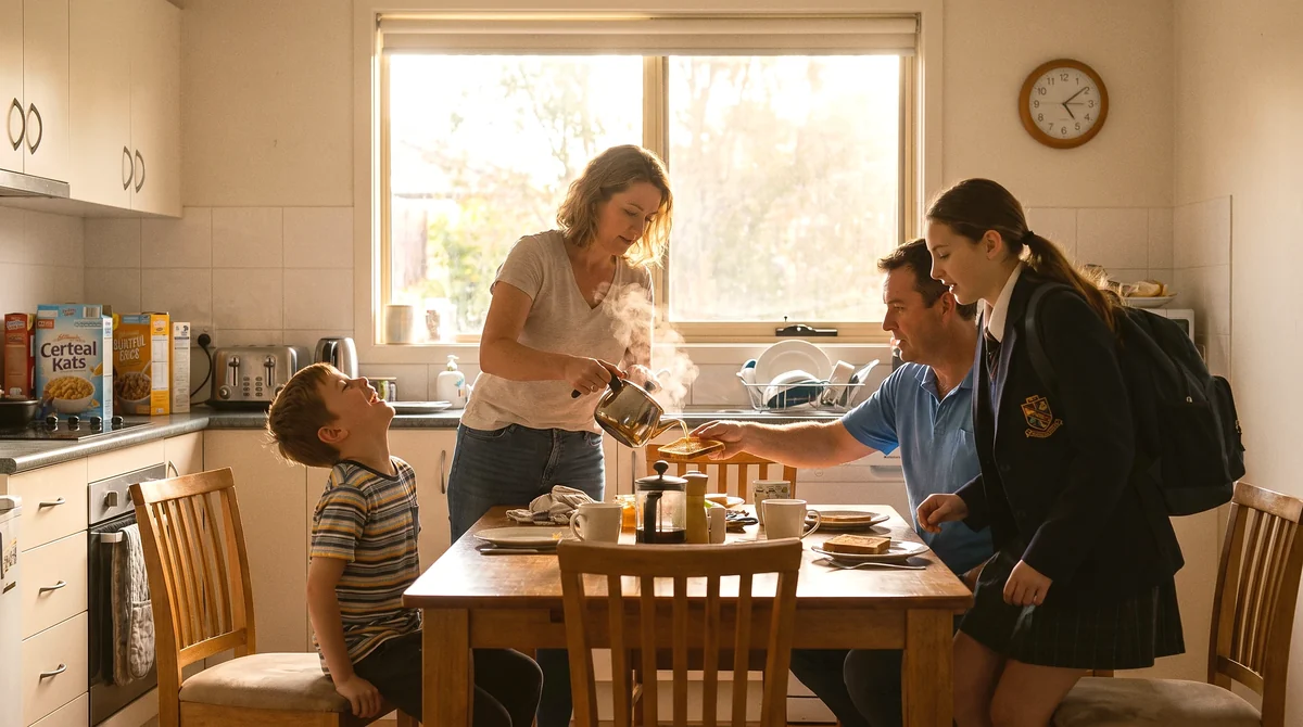 A family moving around a sunlit breakfast table.
