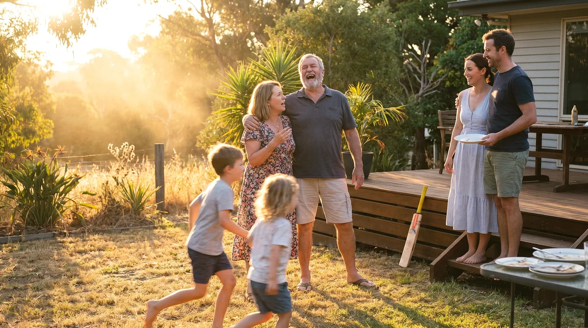 Three generations laughing together in a sunlit backyard after a barbecue.