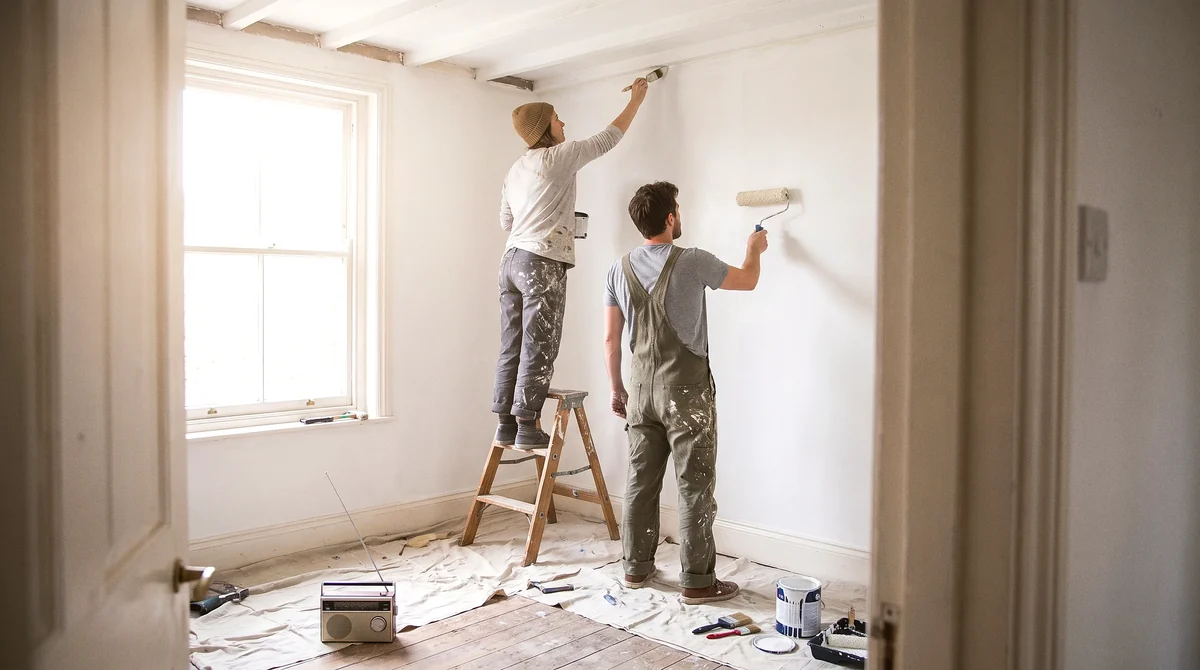 A couple painting a bright empty room, mid-stroke.