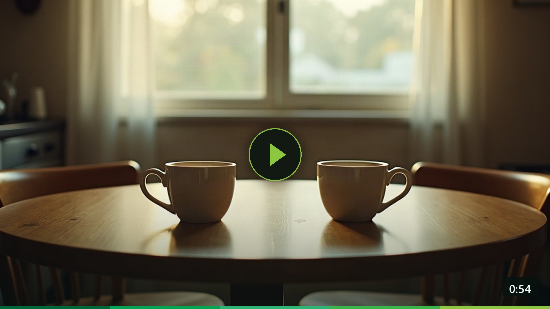 Two mugs of tea facing each other across a kitchen table.