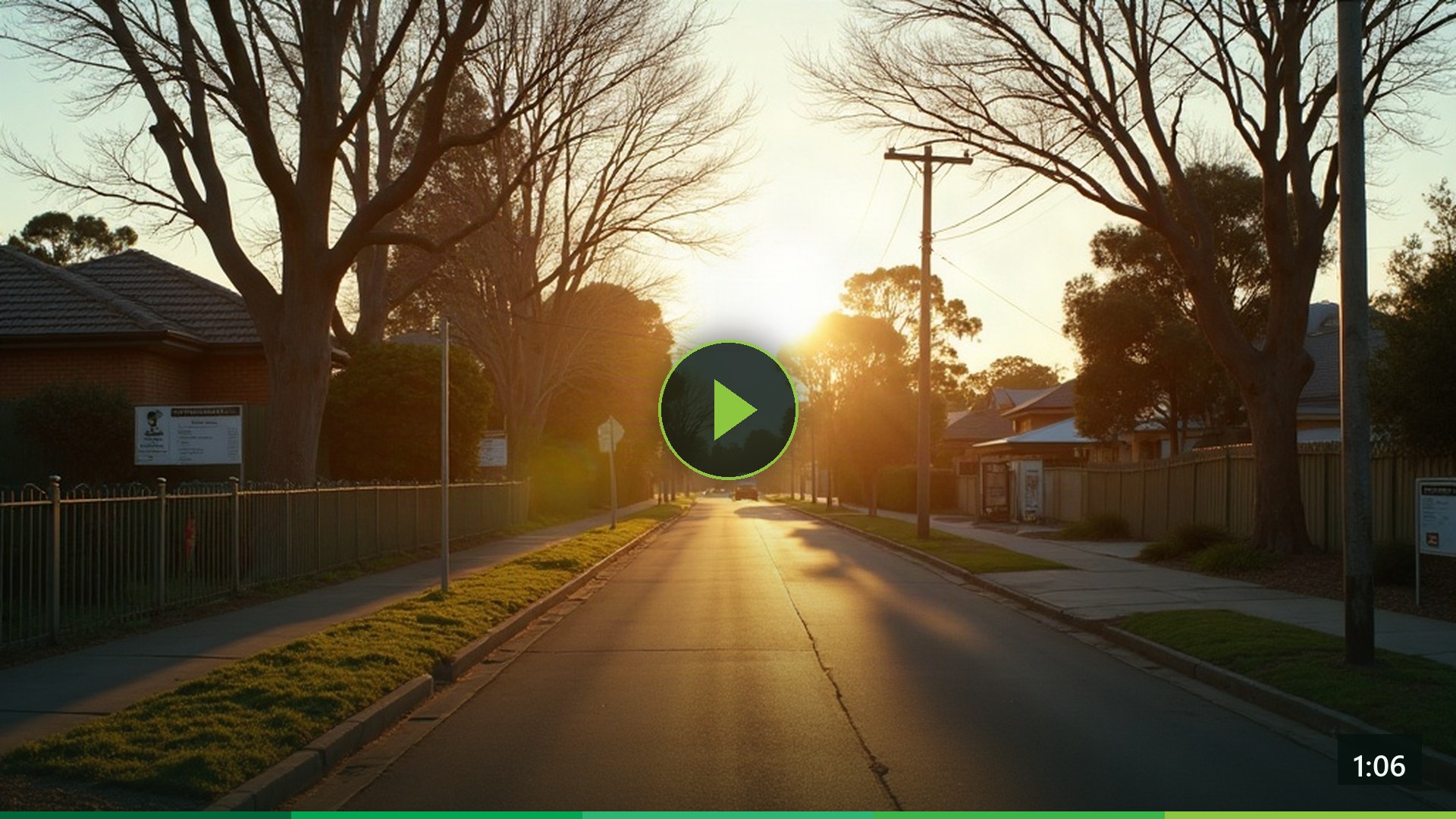 A quiet Australian suburban street at golden hour.