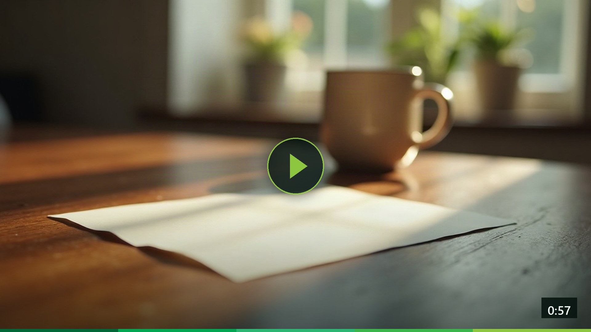 A folded slip of paper on a kitchen table beside a mug of tea.